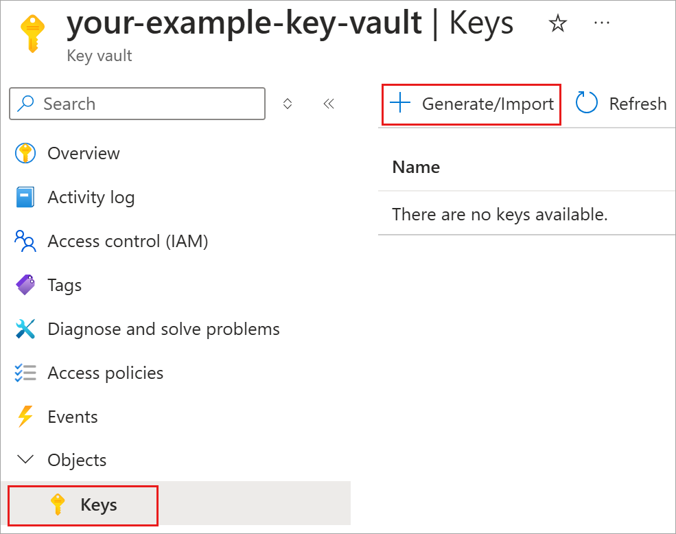 Key Vault 资源设置窗格的屏幕截图,显示设置中的“生成/导入”按钮。