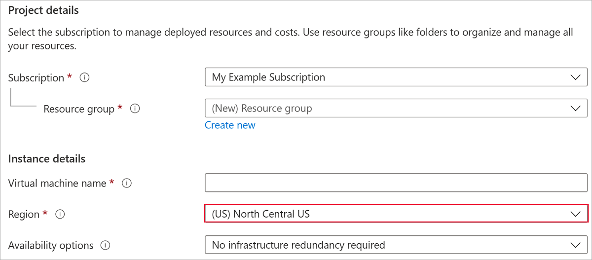 VM 创建体验的屏幕截图,其中突出显示了区域值。