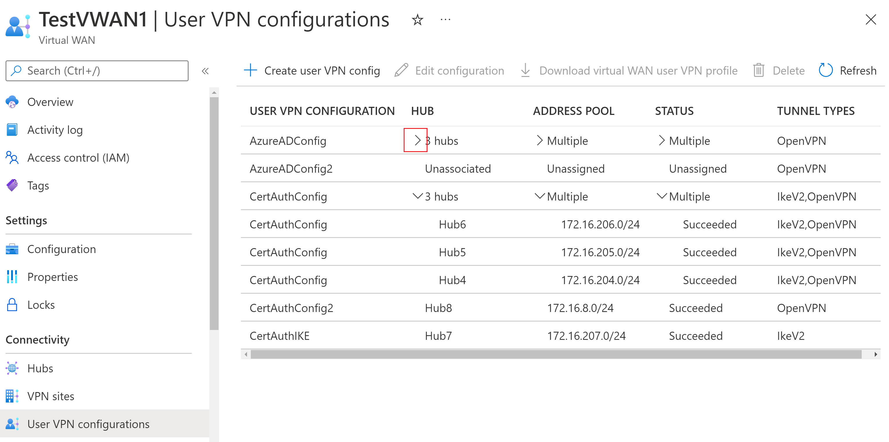 显示展开的中心列表的屏幕截图。