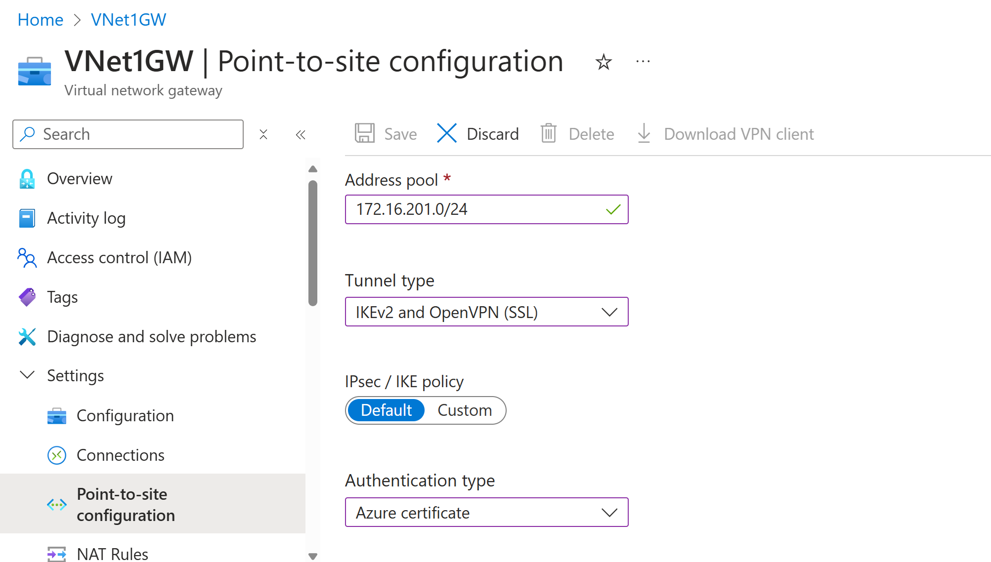 “点到站点配置”页的身份验证类型的屏幕截图。