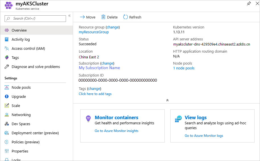 Example AKS dashboard in the Azure portal