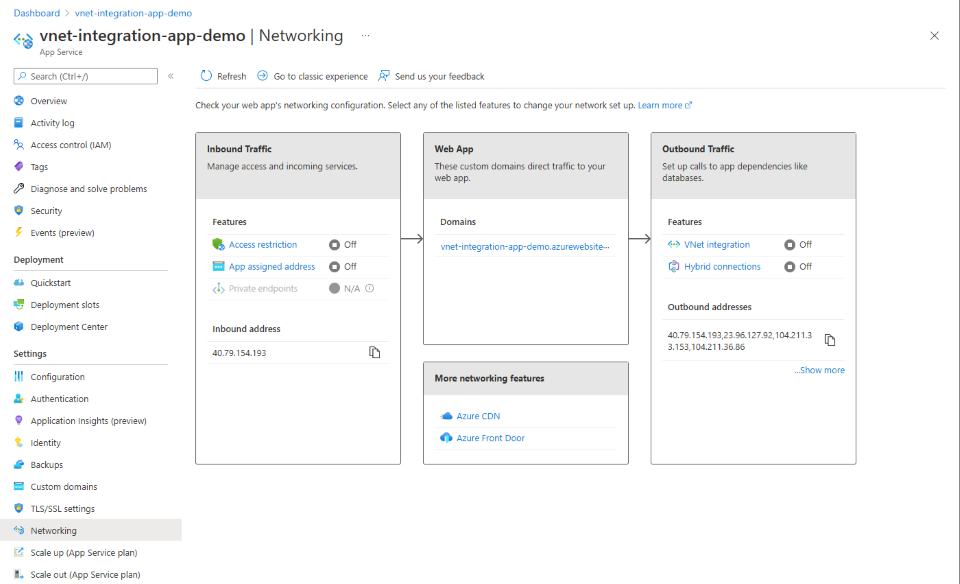 Screenshot of the App Service networking options page in the Azure portal.