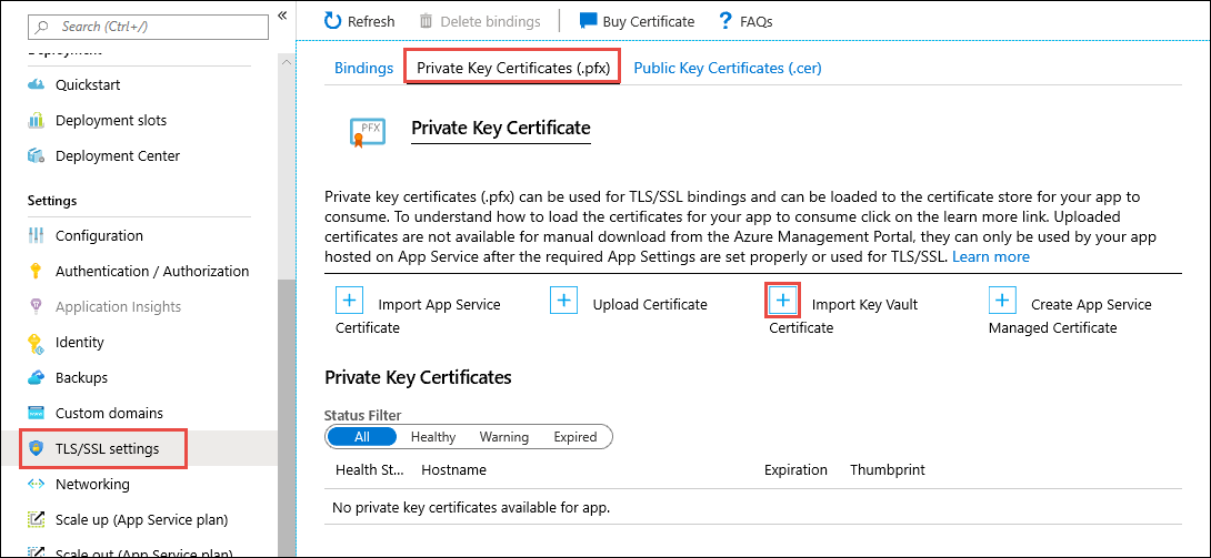 Screenshot of app management page with 'Certificates', 'Bring your own certificates (.pfx)', and 'Import from Key Vault' selected