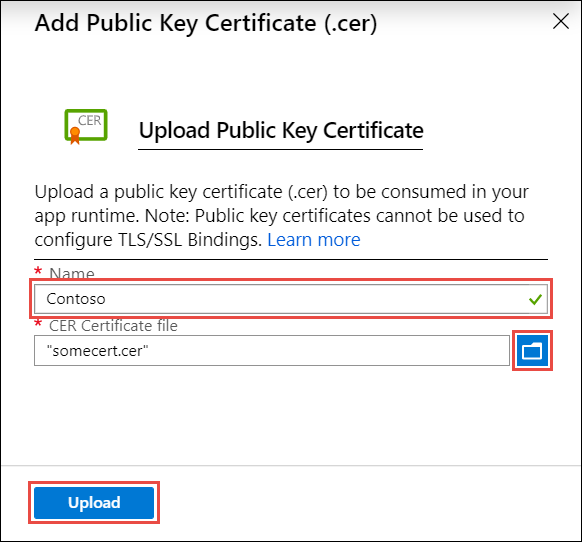 Screenshot of name and public key certificate to upload.