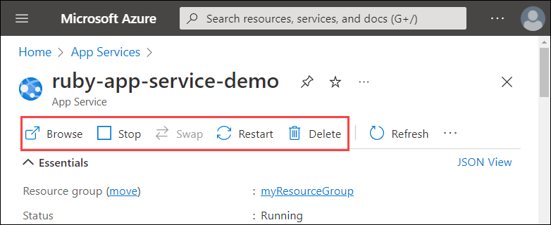 Screenshot of the App Service overview page in Azure portal. In the action bar, the Browse, Stop, Swap (disabled), Restart, and Delete button group is highlighted.
