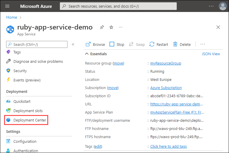 Screenshot of the App Service in the Azure portal. The Deployment Center option in the Deployment section of the left navigation is highlighted.