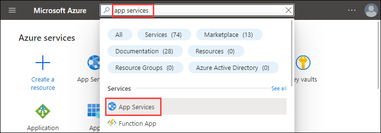Screenshot of the Azure portal with 'app services' typed in the search text box. In the results, the App Services option under Services is highlighted.