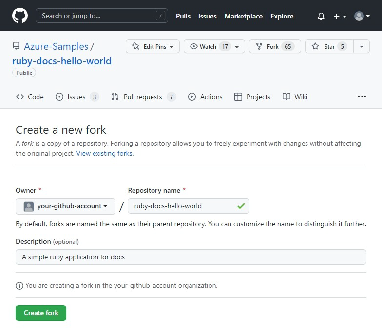 Screenshot of the Create a new fork page in GitHub for creating a new fork of Azure-Samples/ruby-docs-hello-world.