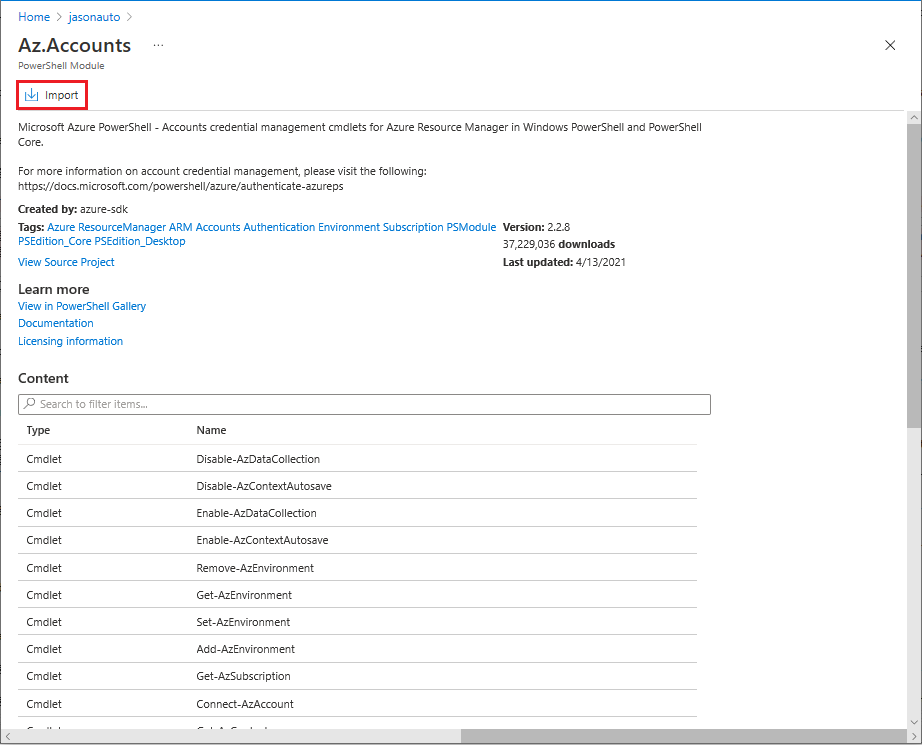 Screenshot of importing a PowerShell Gallery module from the Azure portal