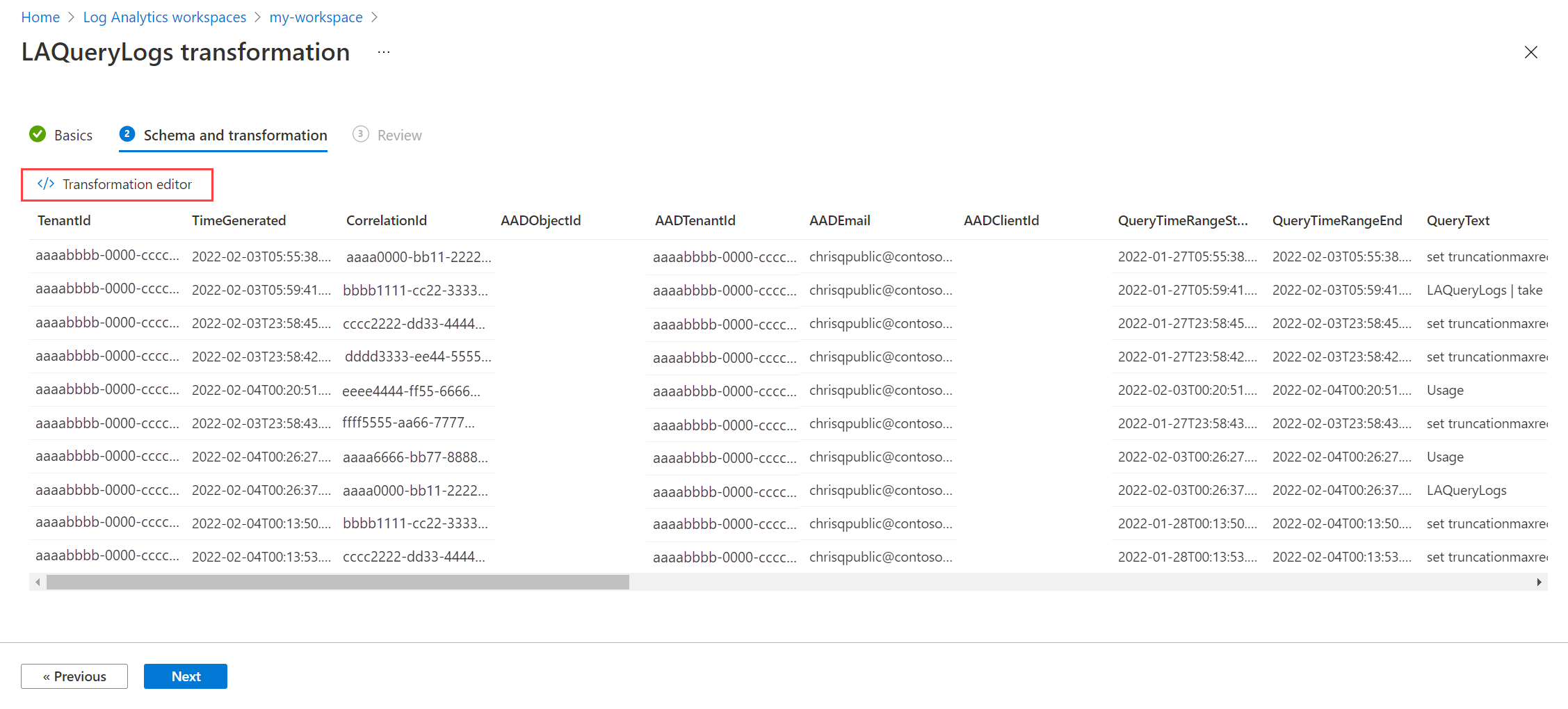 显示日志表中示例数据的屏幕截图。