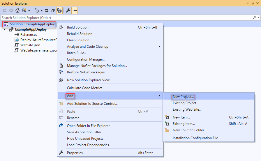 Screenshot of the Add New Project context menu in Visual Studio.