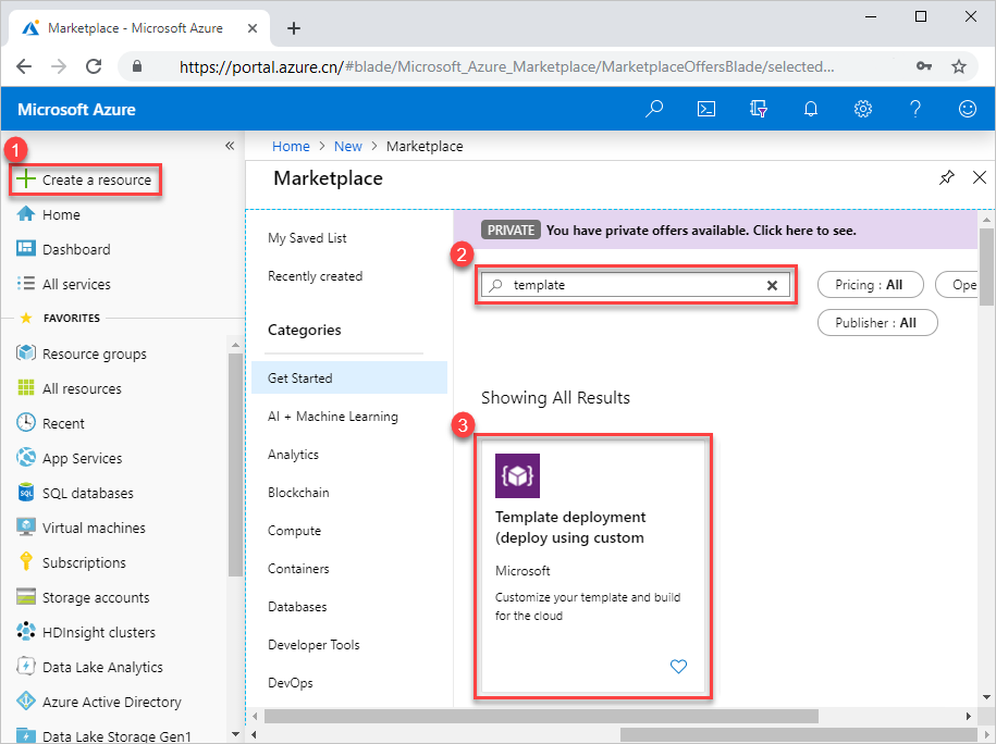 Screenshot of searching for template deployment in Azure portal