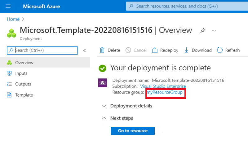 Screenshot of view second deployment page in Azure portal.