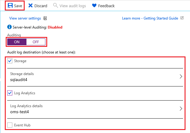 Azure 门户“审核设置”页的屏幕截图。已突出显示“保存”按钮。突出显示了审核日志目标字段。