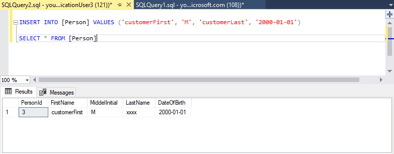 SQL Server Management Studio (SSMS) 的屏幕截图，其中显示了简单的 INSERT 和 SELECT 语句。SELECT 语句在 LastName 列中显示屏蔽的数据。