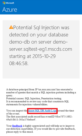 Azure 中示例电子邮件的屏幕截图，其中显示了潜在的 Sql 注入威胁检测。突出显示了电子邮件正文中指向 Azure SQL DB 审核日志的链接。