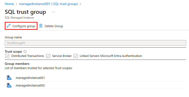 屏幕截图显示了一个 SQL 信任组，其中突出显示了“配置组”。