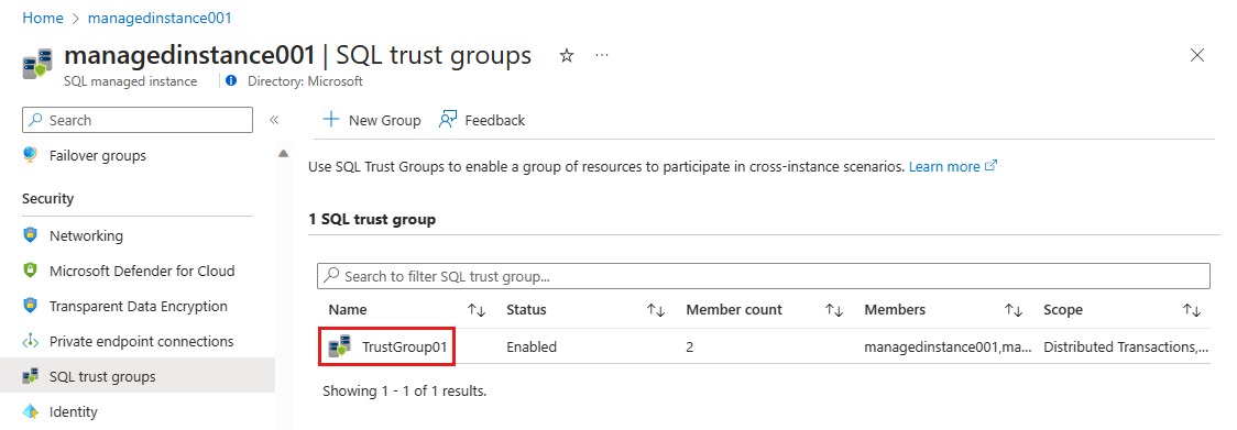 屏幕截图显示了“SQL 信任组”页，其中突出显示了一个组。