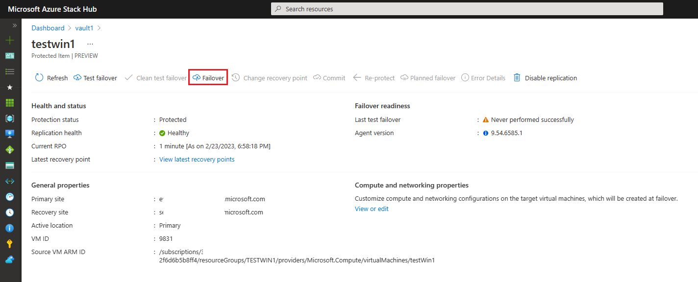 故障转移 VM 屏幕的屏幕截图。