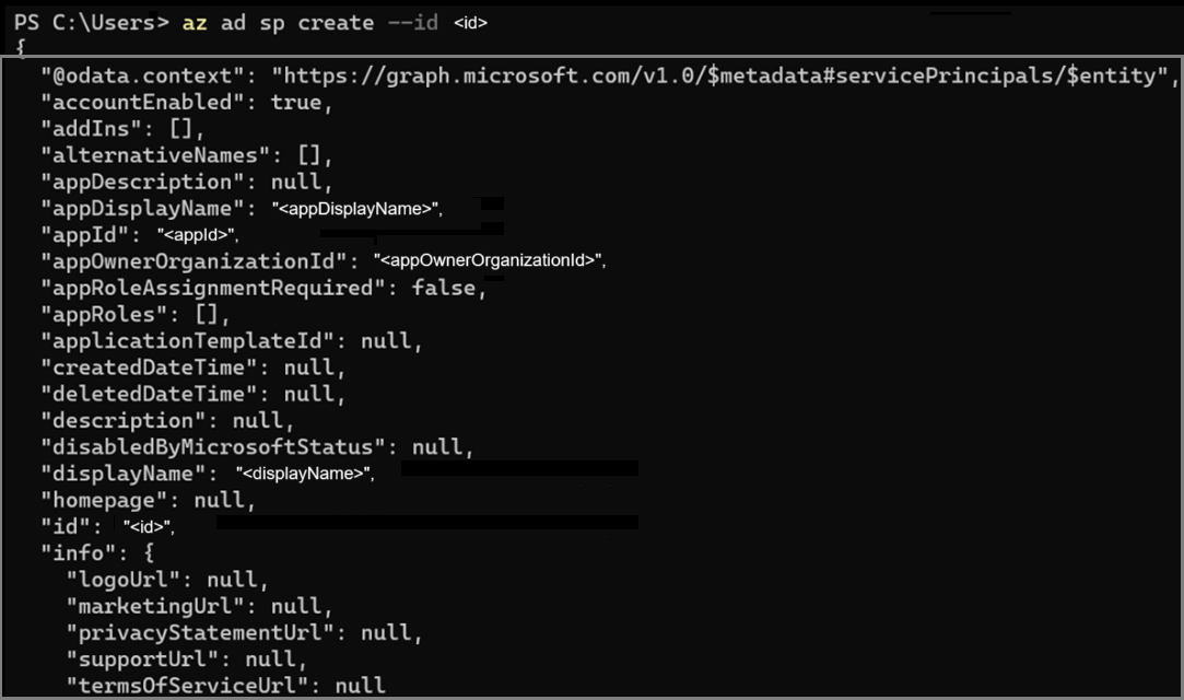 显示服务主体创建输出的屏幕截图。