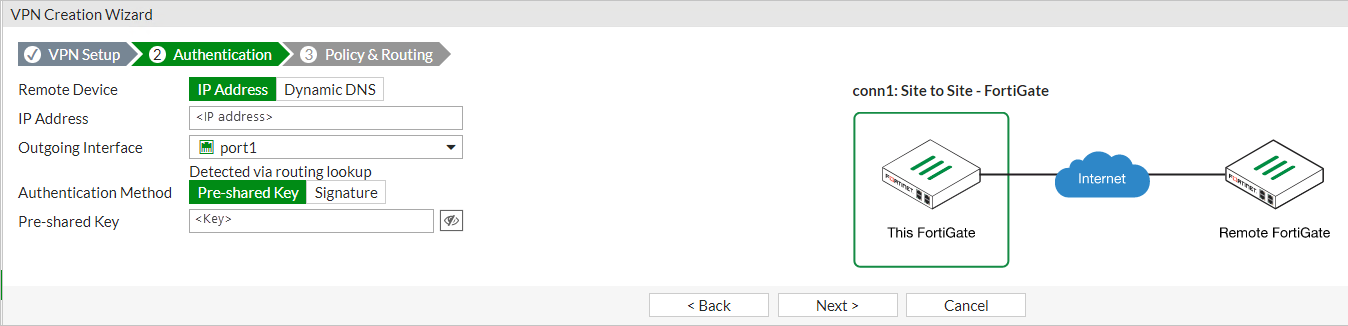 “VPN 创建向导”的屏幕截图显示它处于第二步(“身份验证”),并且所选值已突出显示。