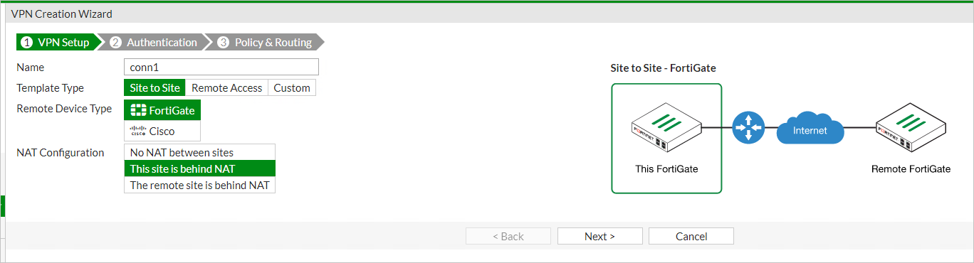 “VPN 创建向导”的屏幕截图显示它处于第一步(“VPN 设置”)。选择了以下值:为“模板类型”选择了“站点到站点”,为“远程设备类型”选择了“FortiGate”,并且为“NAT 配置”选择了“此站点位于 NAT 后”。