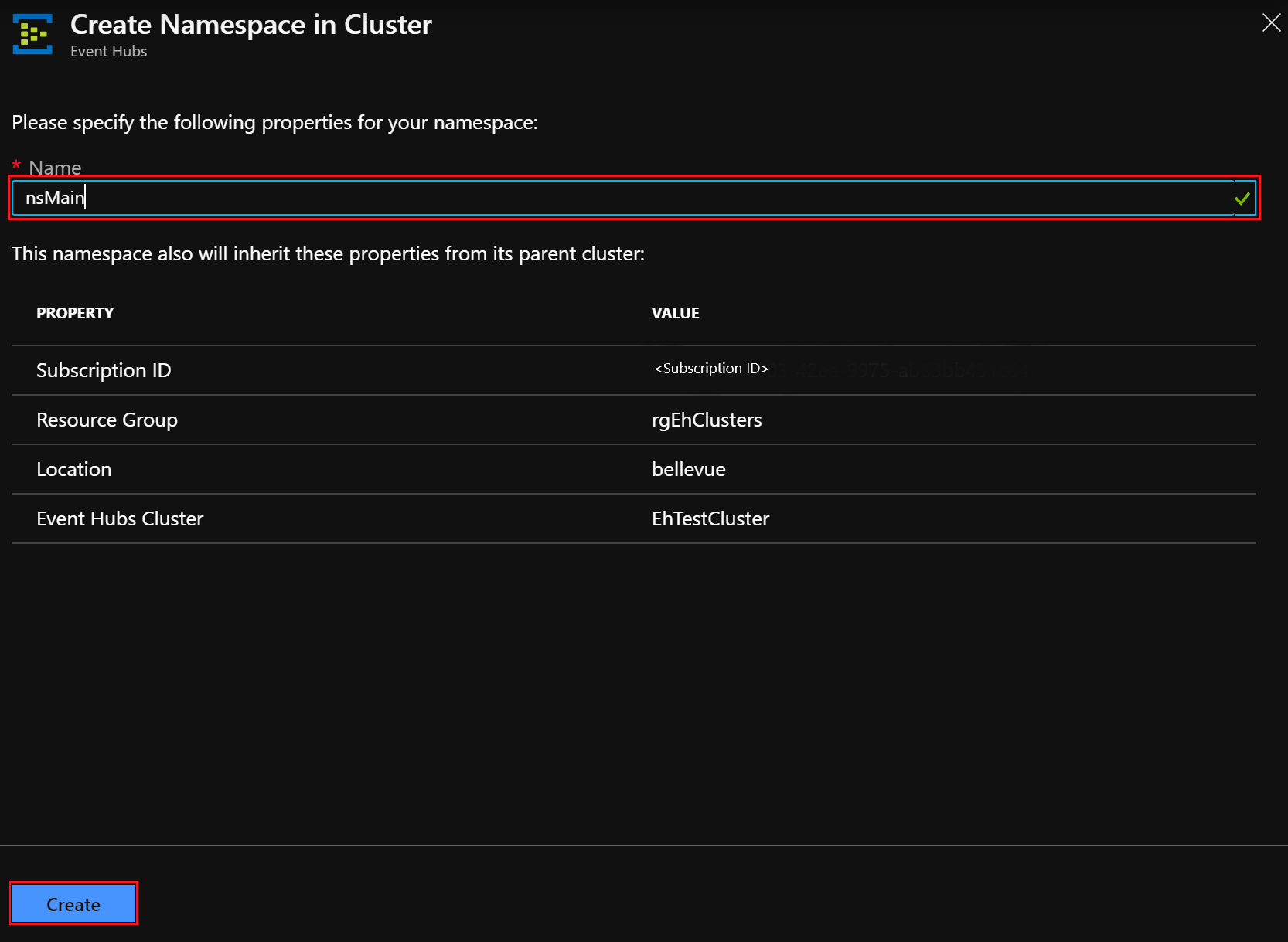 Event Hubs Clusters - create namespace