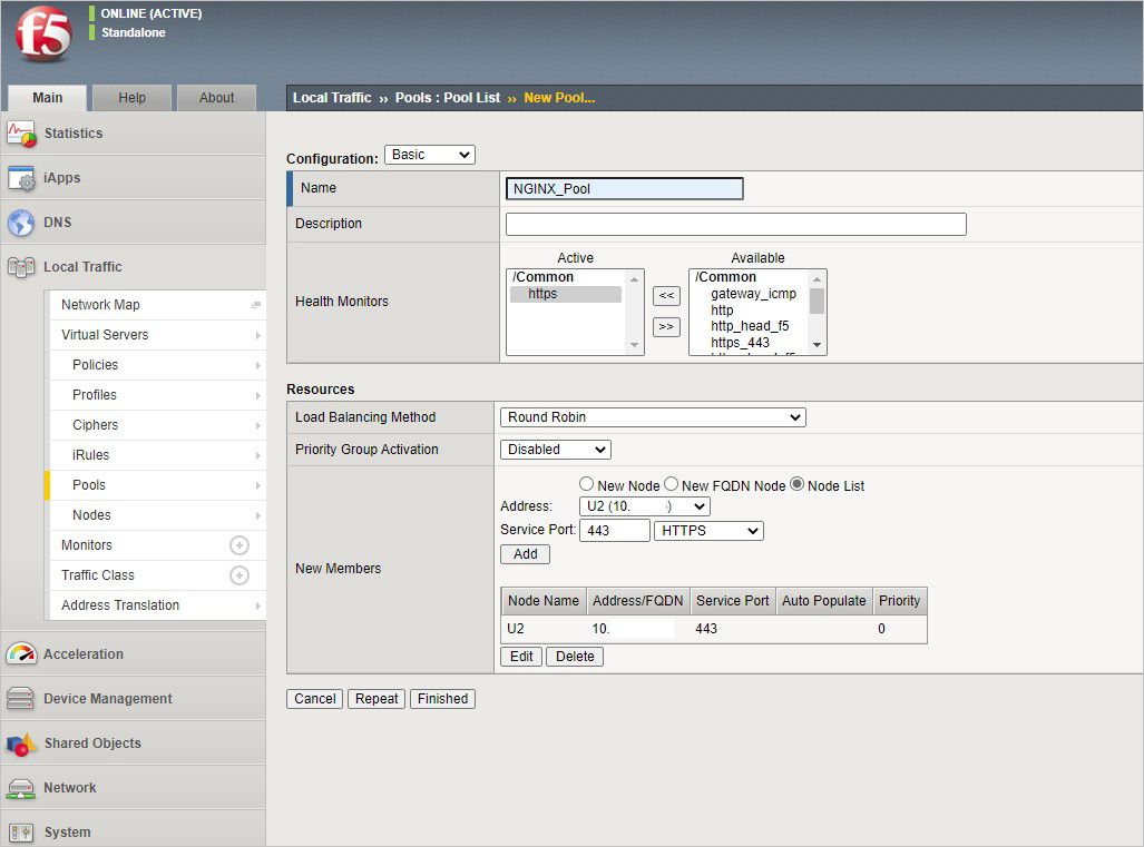左侧窗格提供导航以创建新池的功能。右侧窗格的标题为“本地流量”>>”池: 池列表”>>“新建池”,并提供指定有关新池信息的功能。有一个“完成”按钮。