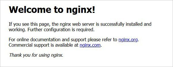 “欢迎使用 nginx!”页面指示 nginx Web 服务器安装成功,需要进一步配置。有两个链接指向支持信息。