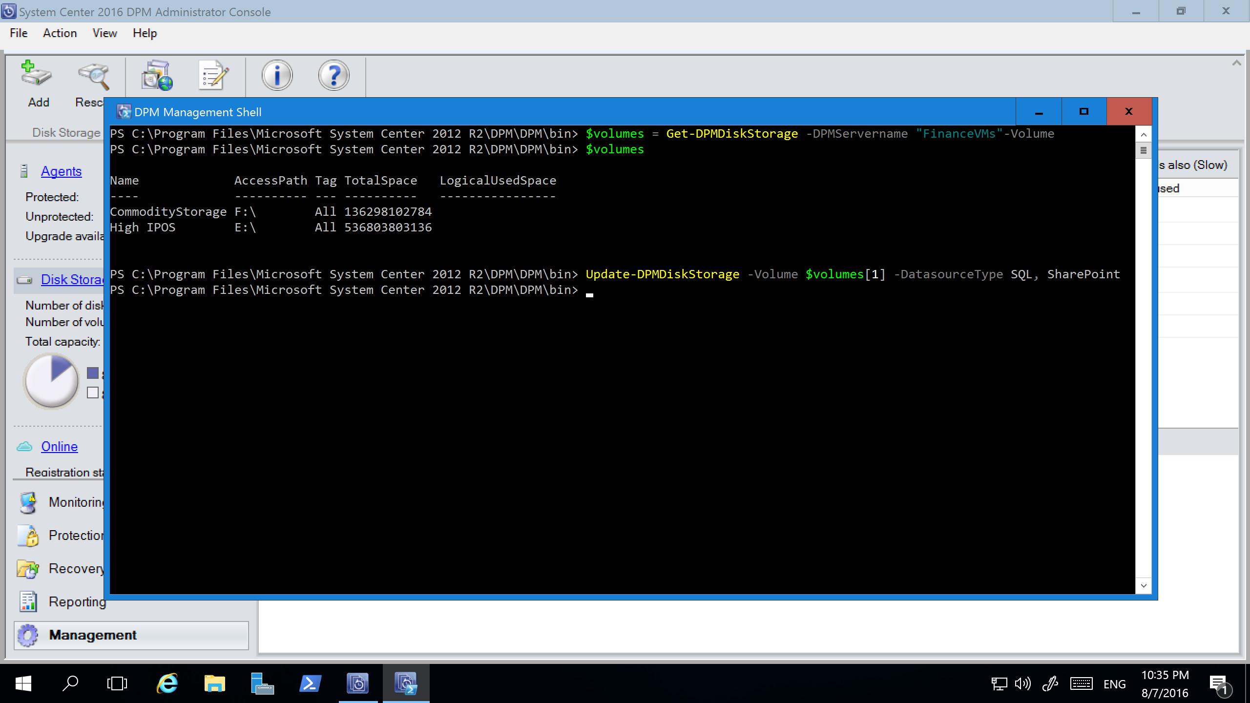 屏幕截图显示 PowerShell 窗口中的 Update-DPMDiskStorage 命令。