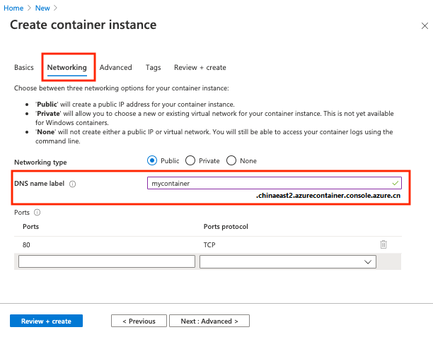 Configuring network settings for a new container instance in the Azure portal