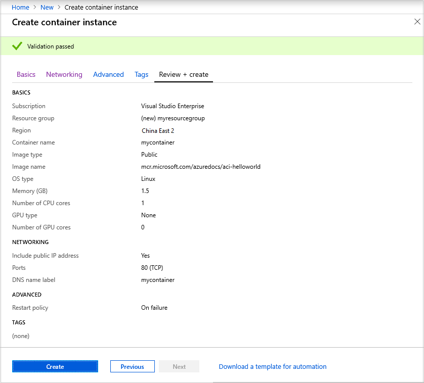 Settings summary for a new container instance in the Azure portal