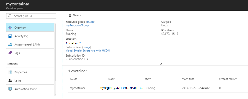 Details view for Azure Container Instances container group