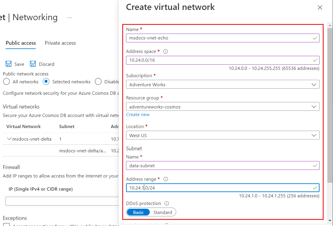 Screenshot of the dialog to create a new Azure Virtual Network, configure a subnet, and then enable the Azure Cosmos DB service endpoint.