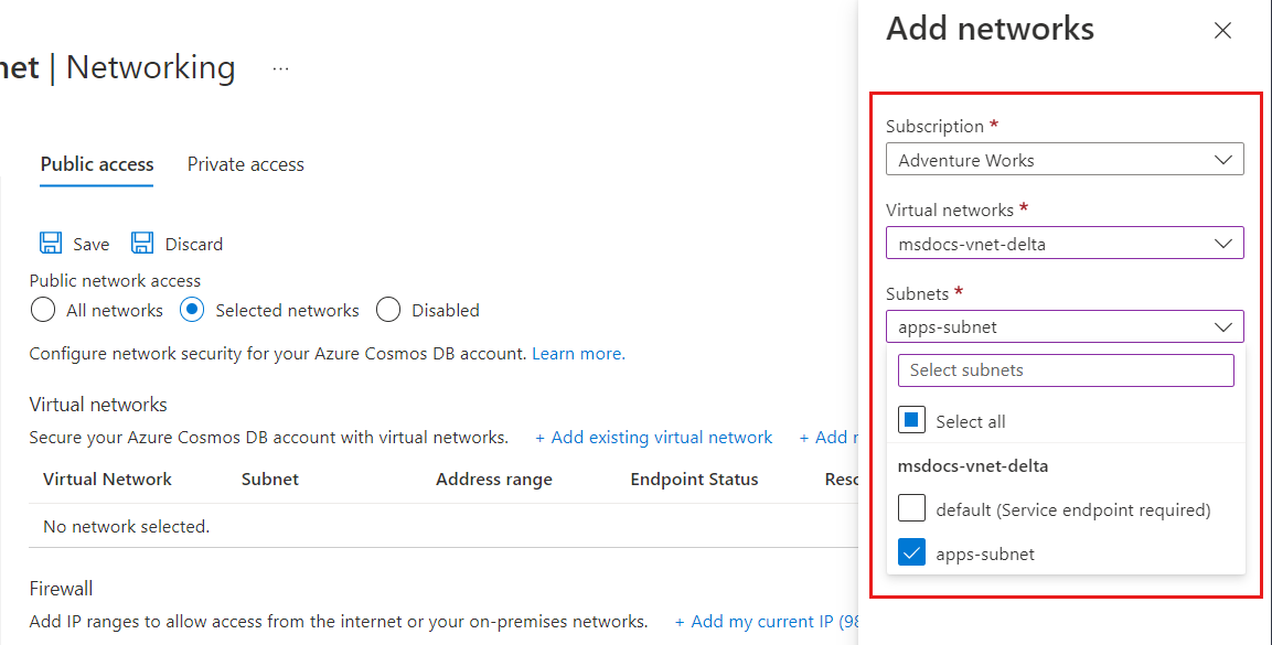 Screenshot of the dialog to select an existing Azure Virtual Network and subnet with an Azure Cosmos DB service endpoint.