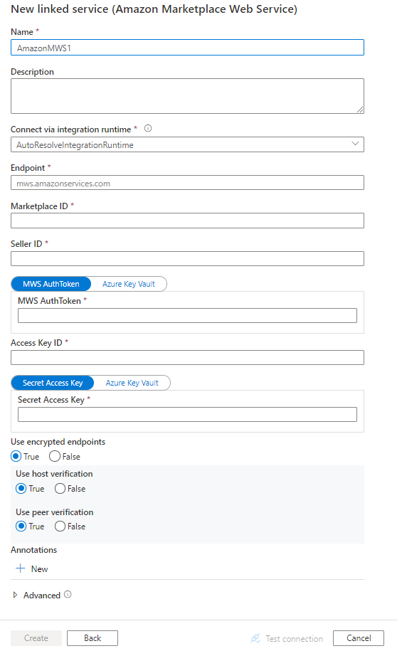 Screenshot of linked service configuration for Amazon Marketplace Web Service.