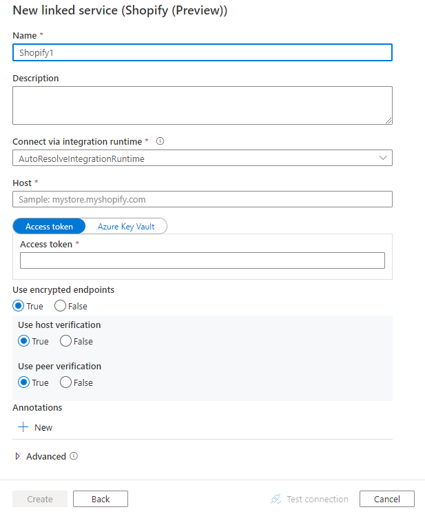 Screenshot of linked service configuration for Shopify.
