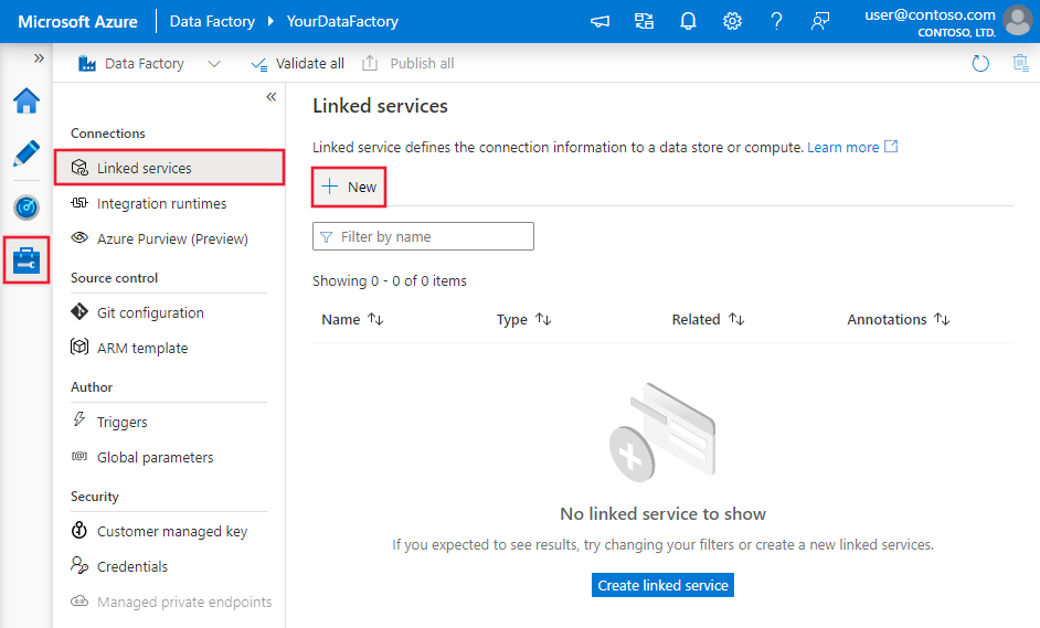Screenshot of creating a new linked service with Azure Data Factory U I.