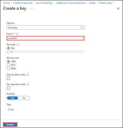 Screenshot of Create new key.