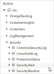 显示 Log Analytics 中的 SecurityAlert 表的屏幕截图。