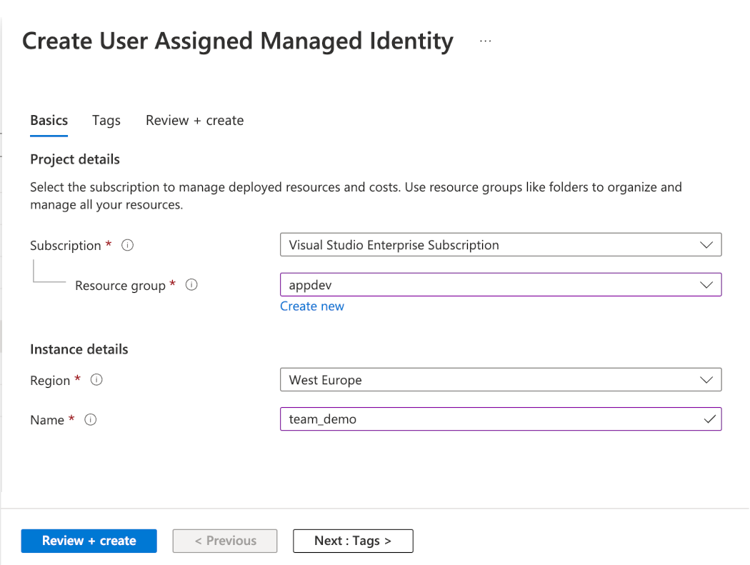 Screenshot showing a managed identity create screen in the portal.
