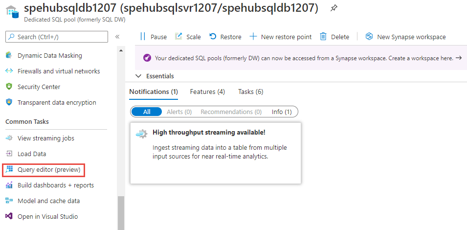 屏幕截图显示如何在 Azure 门户中的“专用 SQL 池”页上选择查询编辑器。