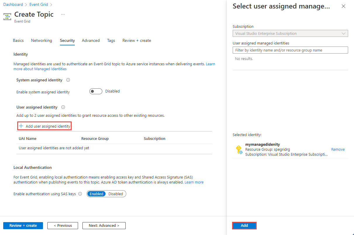 Screenshot of the Identity page with user assigned identity option selected.