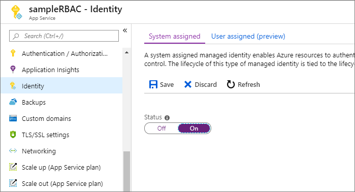 Screenshot of the Identity page showing the status of system-assigned identity set to ON.