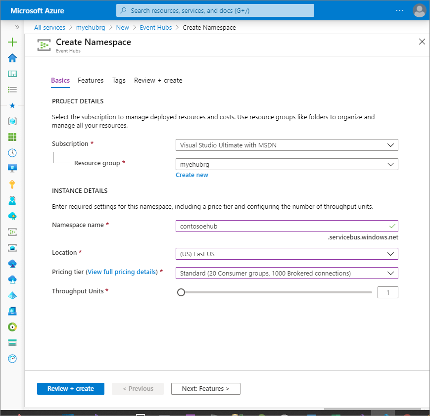 Screenshot of the Create Namespace page in the Azure portal.