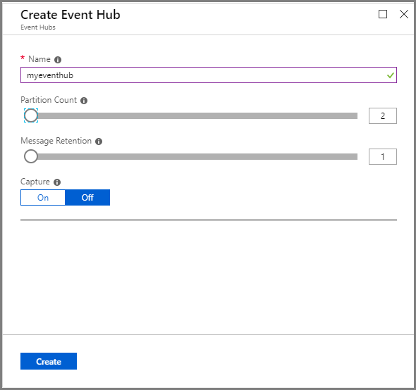 Screenshot of the Create event hub page.