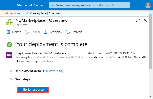 Screenshot of the Deployment complete page with the link to resource.
