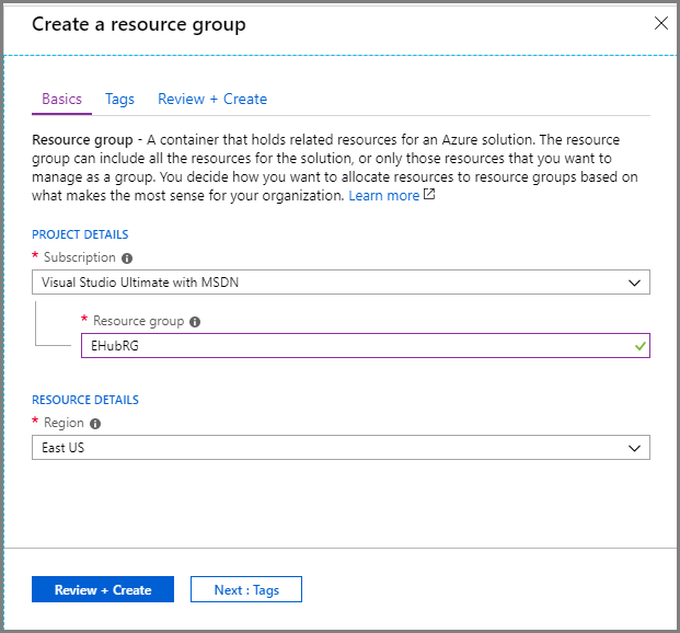Screenshot showing the Create a resource group page.