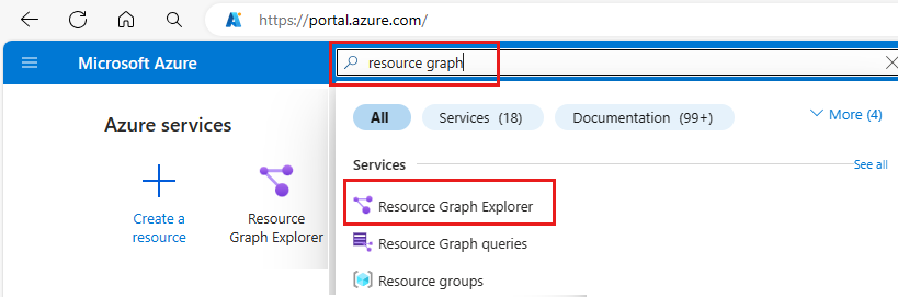 用于搜索 Resource Graph 的 Azure 门户的屏幕截图。