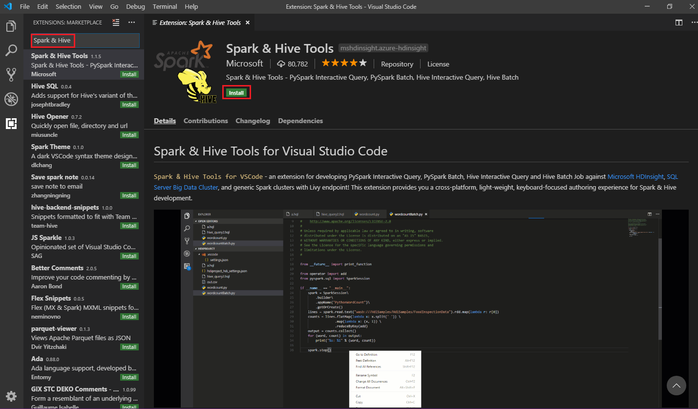 适用于 Visual Studio Code 的 Spark 和 Hive Python 安装。